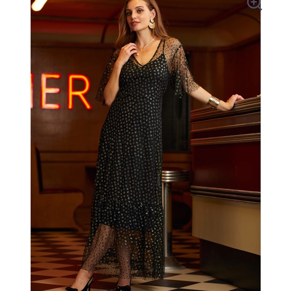 ModCloth Shimmer and Swish midi dress black shimmer mesh over black size S